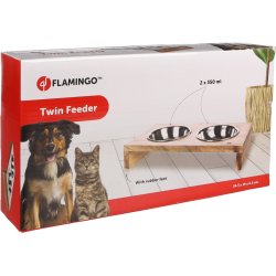 FEEDING AND DRINKING BOWL DUO DINNER STAND KATO RECTANGLE SILVER &amp; BROWN